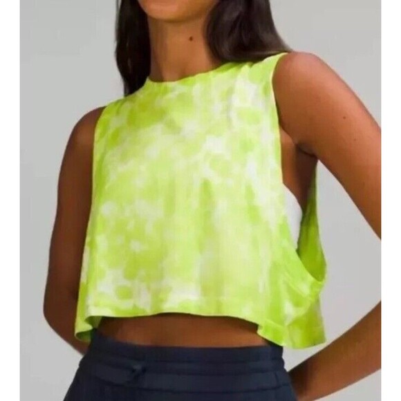 LULULEMON 10 All Yours Cropped Workout Top Pima Cotton Tie Dye Tank Neon Yellow - Picture 12 of 12